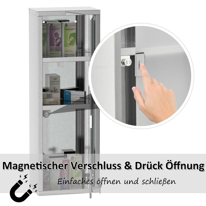 Kleankin medicinskab i rustfrit stål og hærdet glasdør, aflåseligt medicinskab med 3 rum, førstehjælpsskab, 20 x 12 x 58 cm, sølv