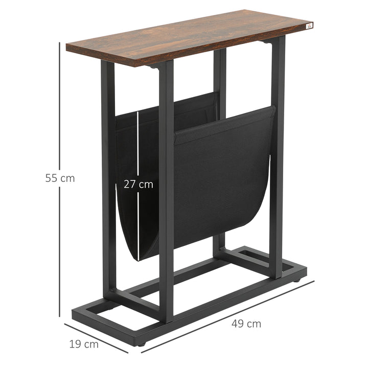 Sidebord, natbord, slankt design, med stoflomme, stål, mørkebrun og sort, 49 x 19 x 55 cm