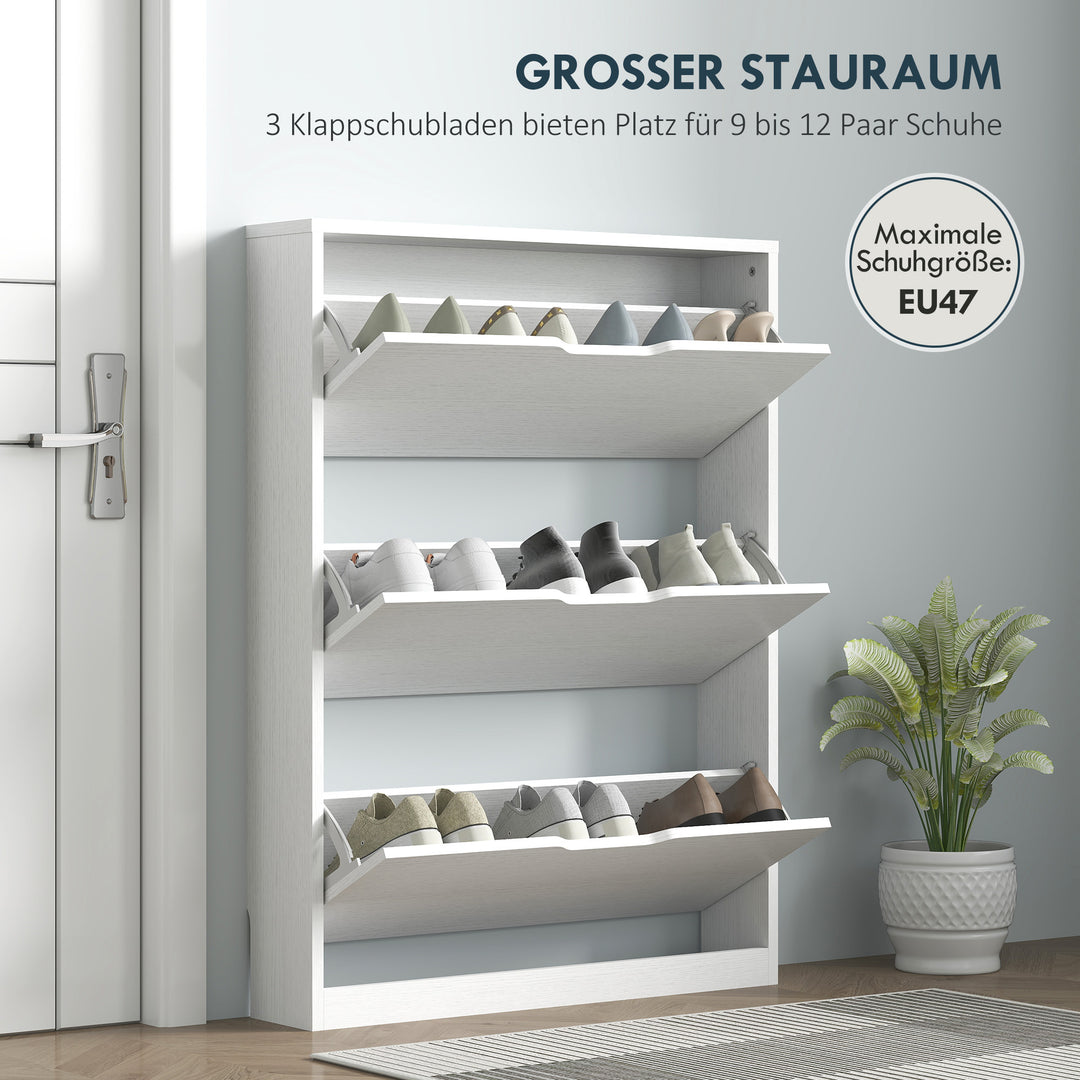 Skoskab med 3 sammenklappelige skuffer, til op til 12 par sko, spånplade, 80 x 17 x 108 cm, hvid