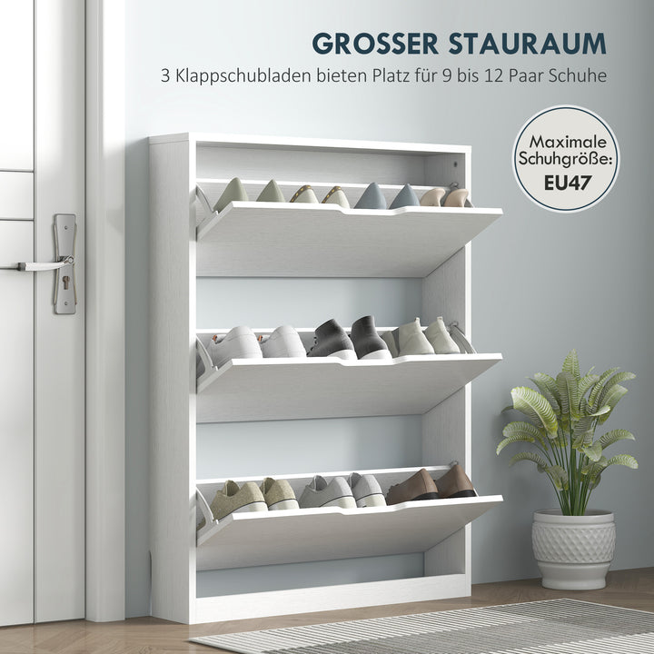 Skoskab med 3 sammenklappelige skuffer, til op til 12 par sko, spånplade, 80 x 17 x 108 cm, hvid