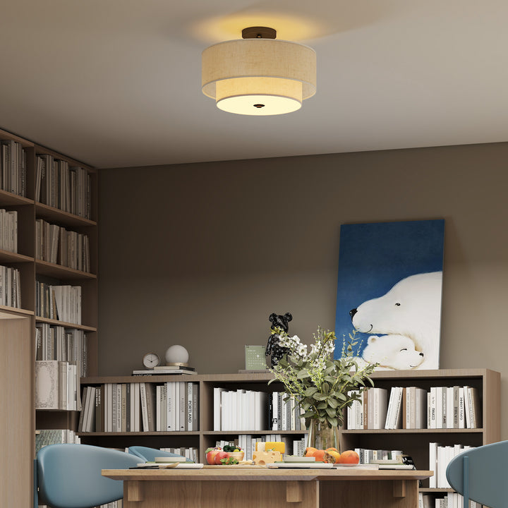 Loftlampe, pendel med dobbeltskærme i linned look, cremehvid