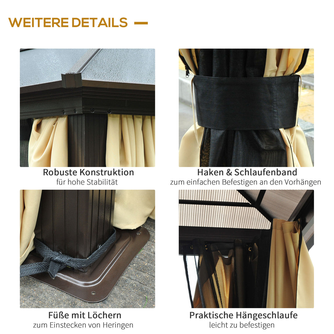 Havepavillon med hårdt tag 4,2 x 3,6 m, gardiner med fluenet, aluminiumsramme, brun+creme