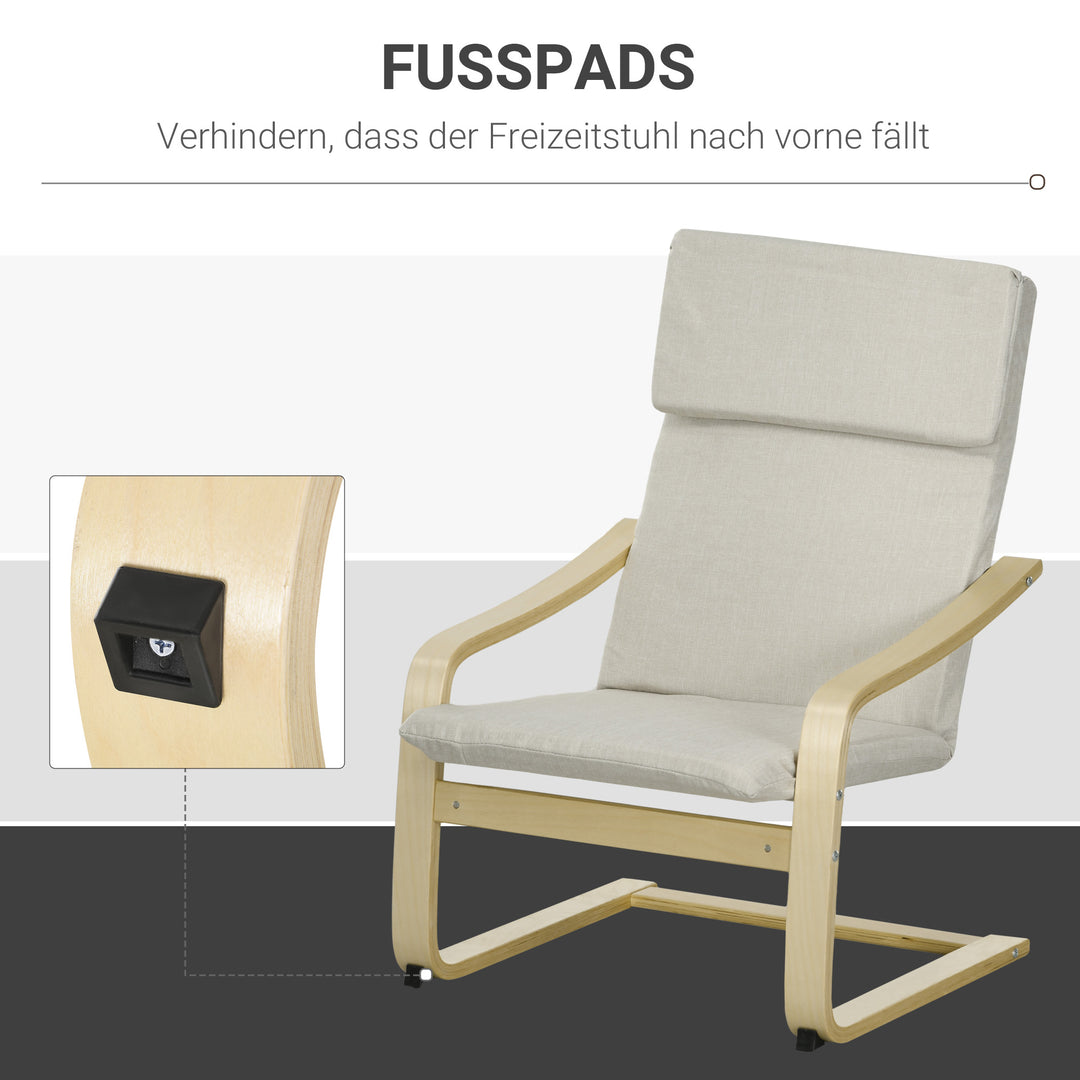 Loungestol med fodskammel, betræk i hørlook, træstel, op til 120 kg, cremehvid/natur