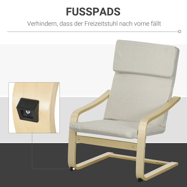 Loungestol med fodskammel, betræk i hørlook, træstel, op til 120 kg, cremehvid/natur