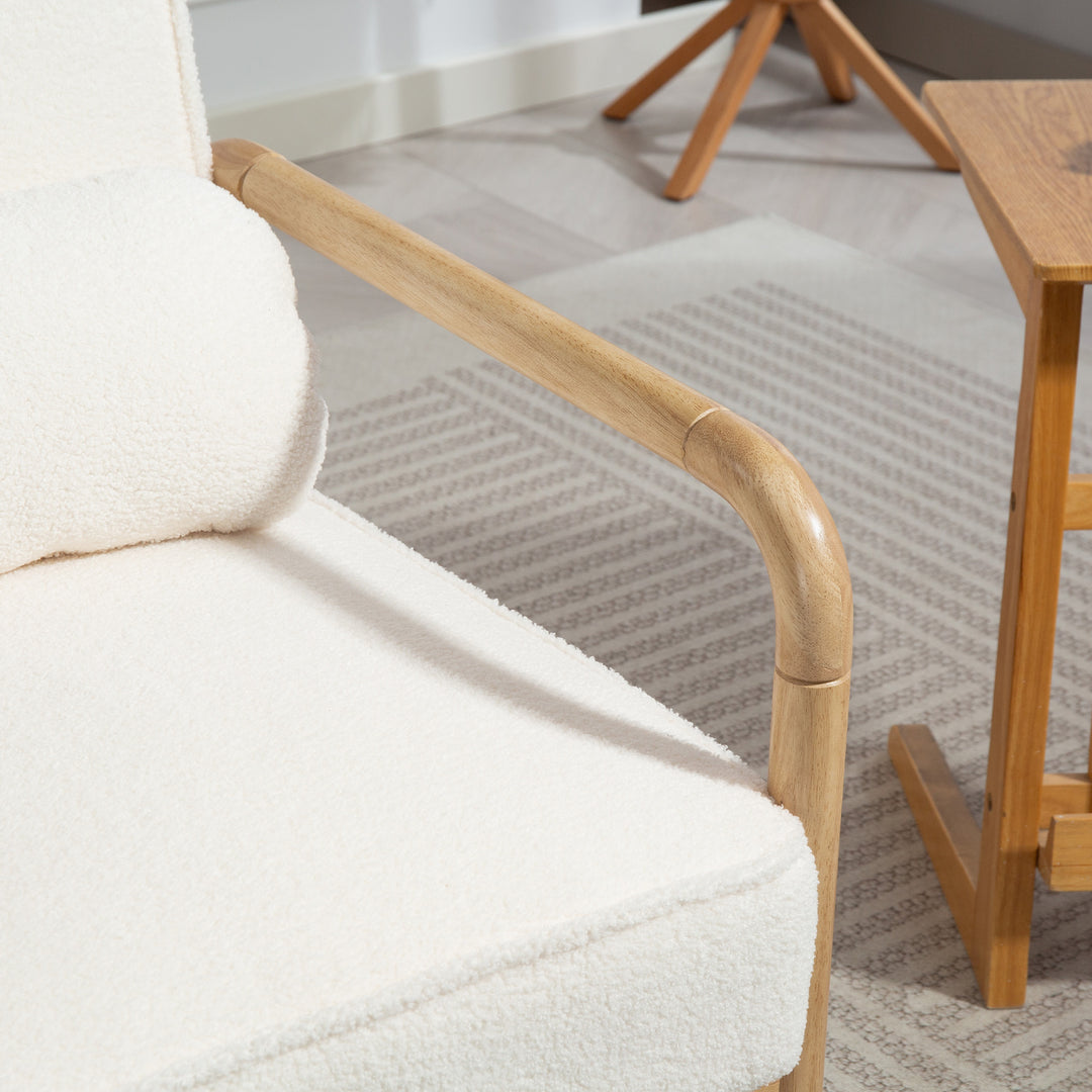 Accentstol, polstret stol med stofbetræk, gummitræsstel, moderne stol med hynde, hvid