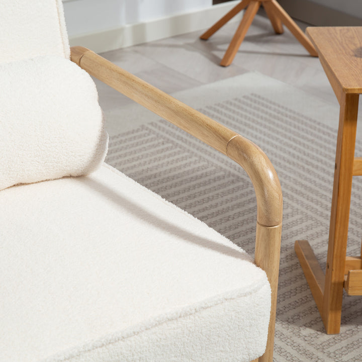 Accentstol, polstret stol med stofbetræk, gummitræsstel, moderne stol med hynde, hvid