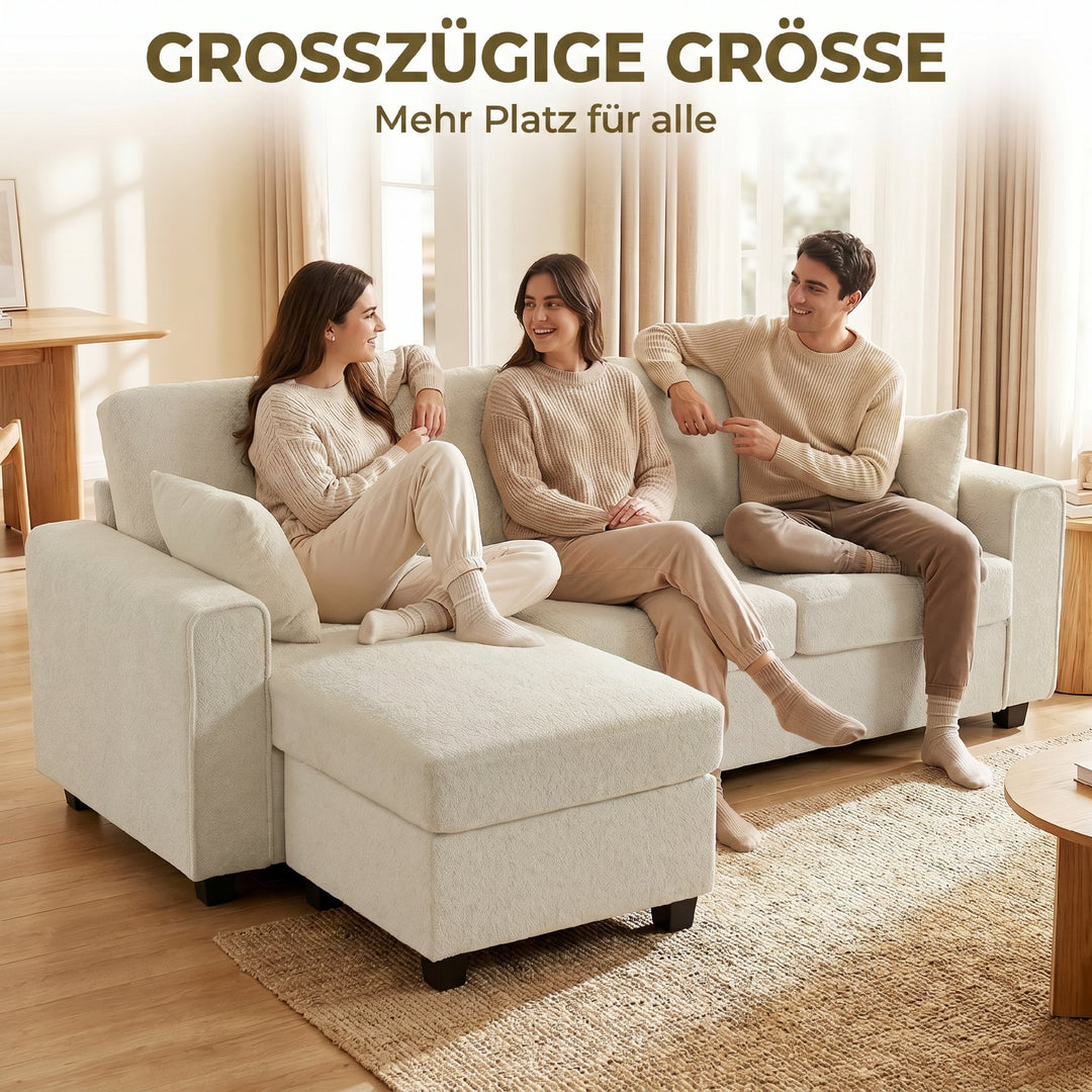 Hjørnesofa med vendbar chaiselong, 3-personers sofa med fløjlslook, bredt og dybt sæde, fjerhynder, beige