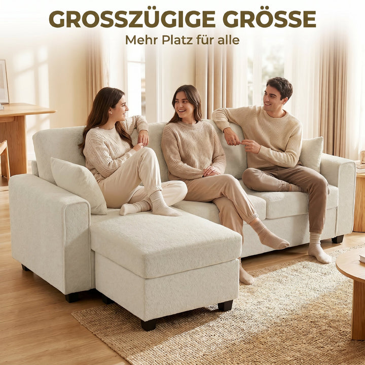 Hjørnesofa med vendbar chaiselong, 3-personers sofa med fløjlslook, bredt og dybt sæde, fjerhynder, beige