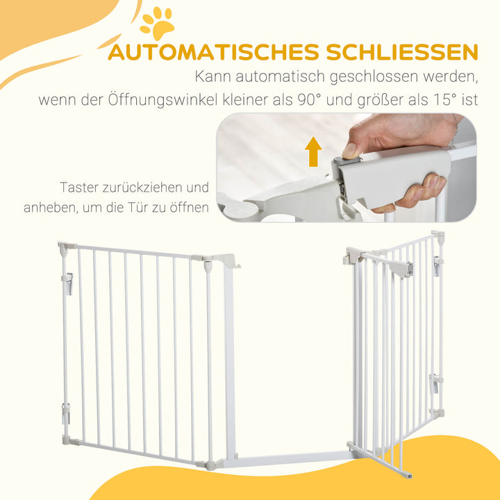 Hundegitter, hundegitter, dørbeskytter, 3 elementer, inklusive sikkerhedsdør, vægmonteret til pejs og komfur, metal, hvid, 180 x 3 x 74,5 cm