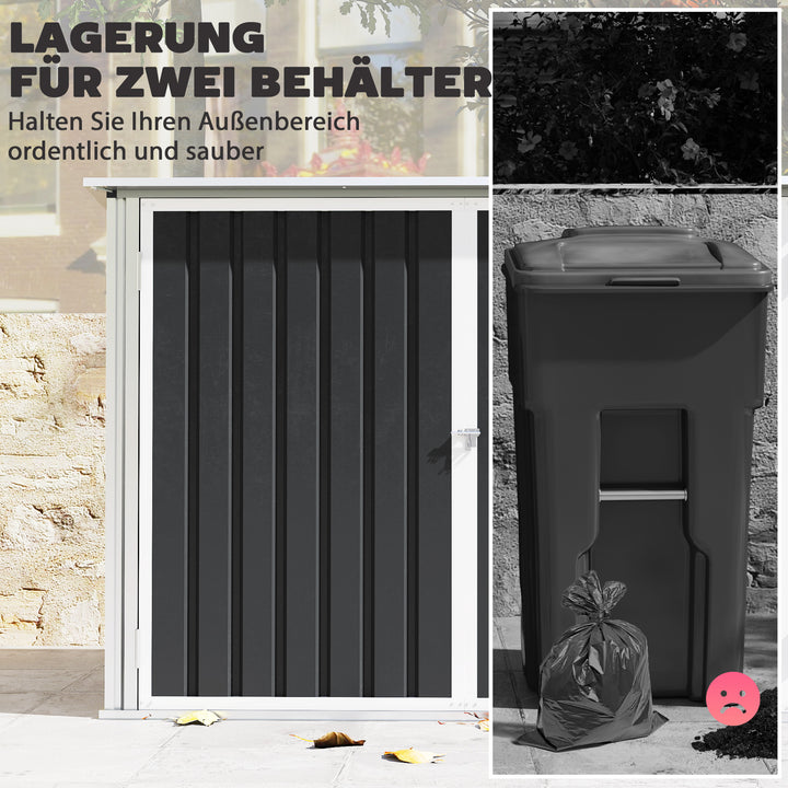 Affaldsopbevaringsenhed til 2 skraldespande fremstillet af galvaniseret stål. Affaldsopbevaringsenhed med hængslet låg, gasfjeder, dobbeltdør, ventilationsåbninger.