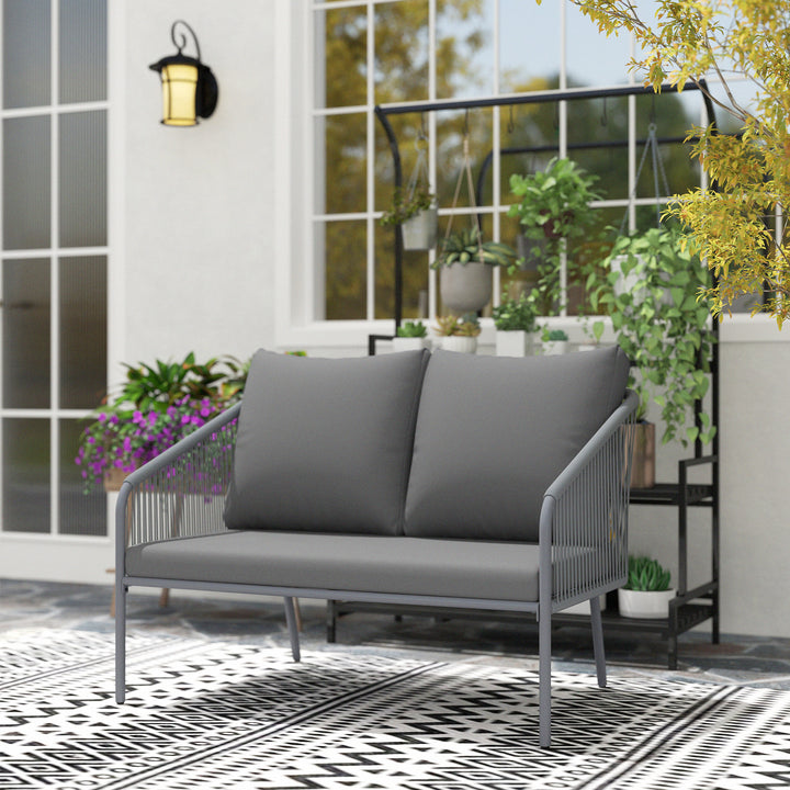 Havesofa med hynder, 2-personers rattansofa, loungesofa, udendørs balkonsofa, 112 x 72 x 76 cm, grå