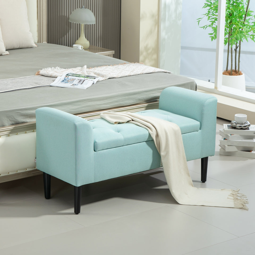 Bænk med opbevaringsplads, polstret bænk, lasteevne op til 130 kg, linnedlook, gummitræ, 116 x 44 x 58 cm, grøn