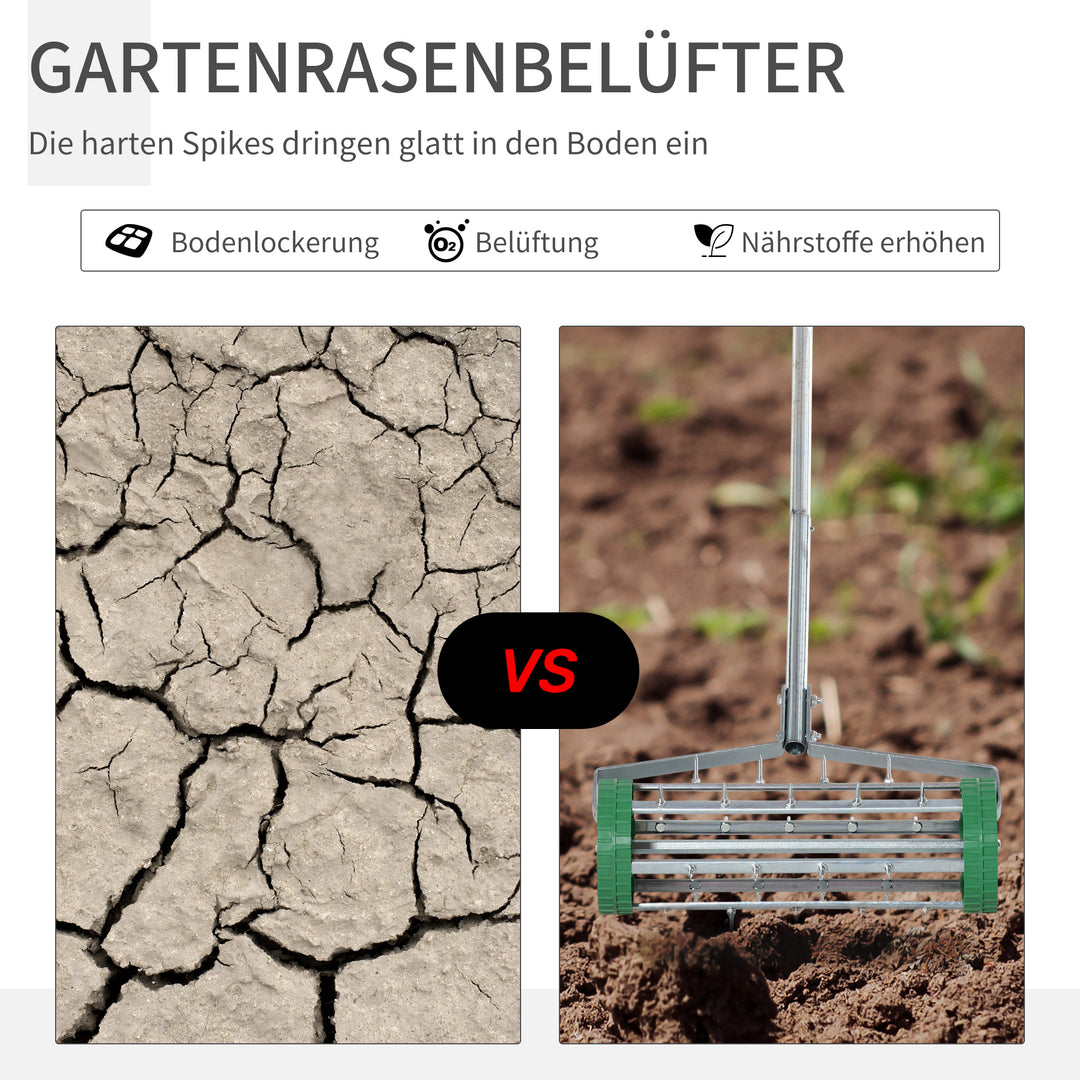 Plænelufter, justerbar håndtagslængde, håndvernemaskine, plæneluftning, piggevalse, plænelufter med rullefunktion, havevedligeholdelse, galvaniseret rør, grøn+sølv, 139 x 43,5 x 15 cm