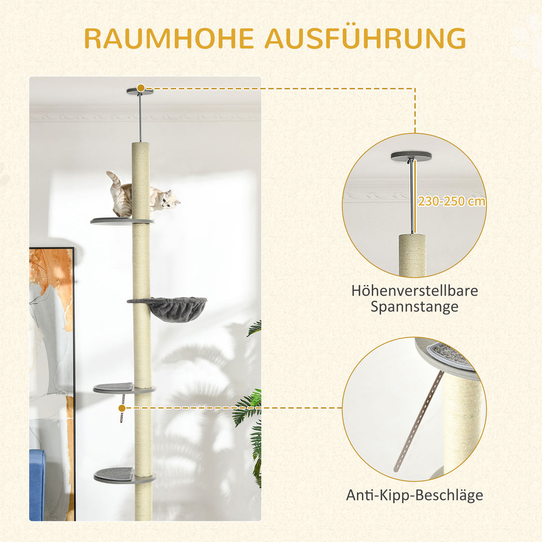 Kradsetræ med hængekøje, inklusive loftstrammer, lofthøjde, 40 cm x 40 m x 250 cm, grå + cremehvid