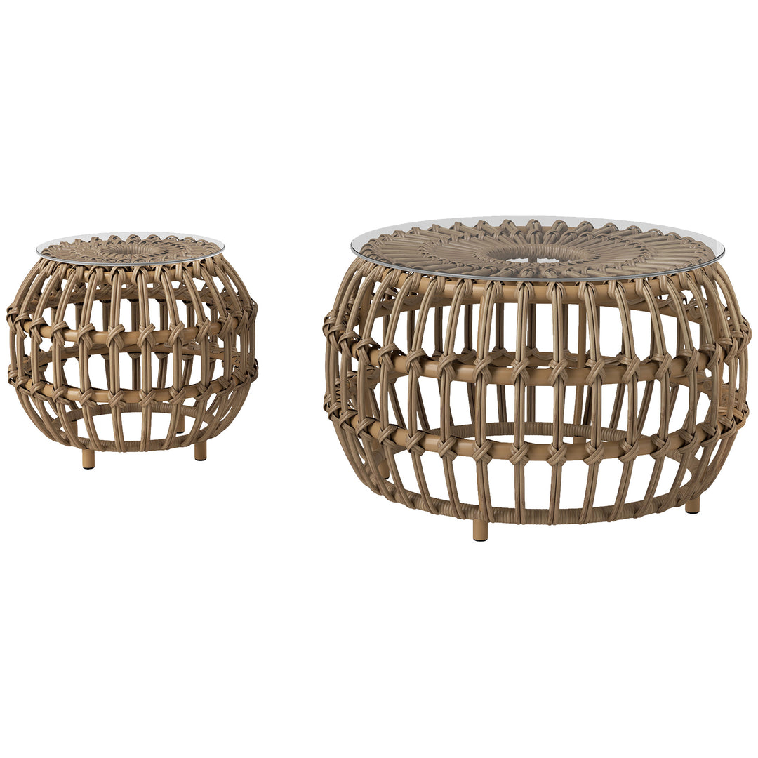 Sæt med 2 sideborde, polyrattan, Ø66/42 cm, rundt, vejrbestandigt, havebord med glasplade, brunt