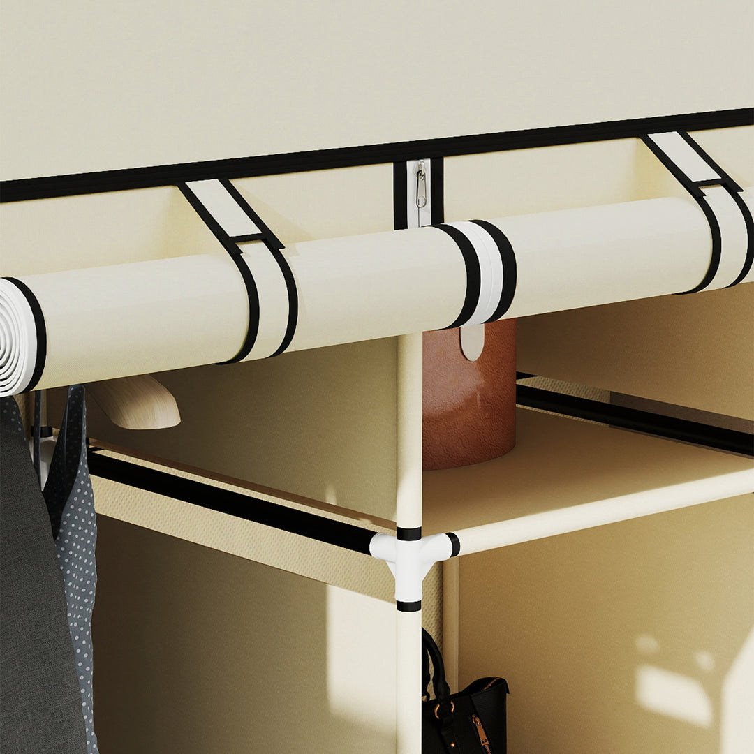 Stofgarderobe, opbevaringsløsning, 8 hylder, 2 tøjstativer, cremehvid
