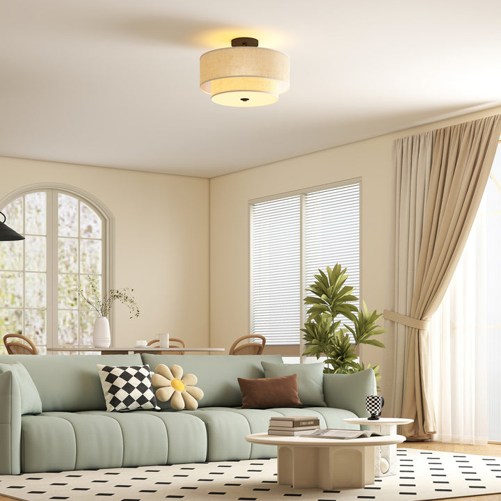 Loftlampe, pendel med dobbeltskærme i linned look, cremehvid