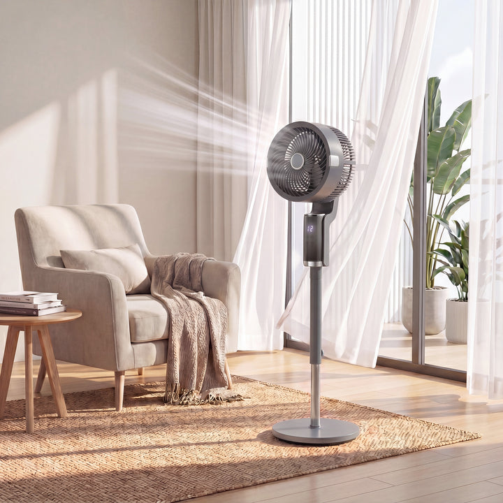 Sokkelventilator, luftcirkulator, ventilator med 8 hastighedsindstillinger, LED-display, fjernbetjening, timer, 90° oscillation, grå