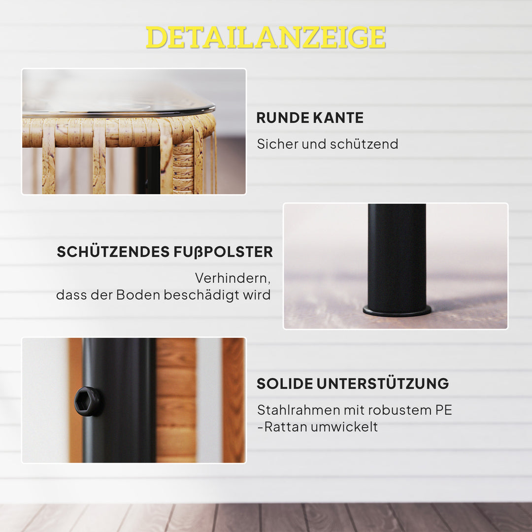 Havebord i polyrattan, 65 x 65 x 43 cm, vejrbestandigt sidebord firkantet med glasplade i naturtræ