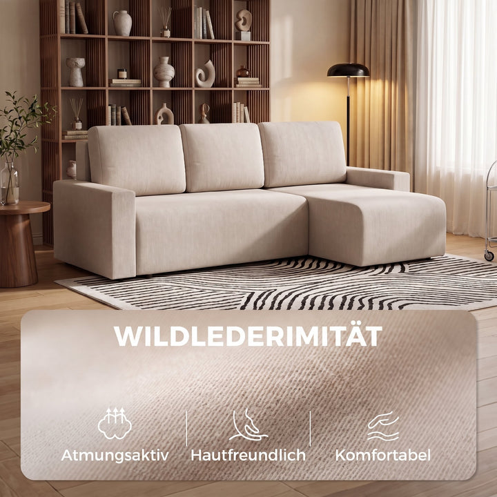 Hjørnesofa med sovefunktion og vendbar chaiselong, L-formet 3-personers sofa med velourbetræk, beige