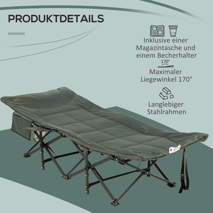 Foldbar liggestol med ryglæn, der kan lænes tilbage og kopholder, op til 120 kg, 68 x 186 x 48 cm, grå