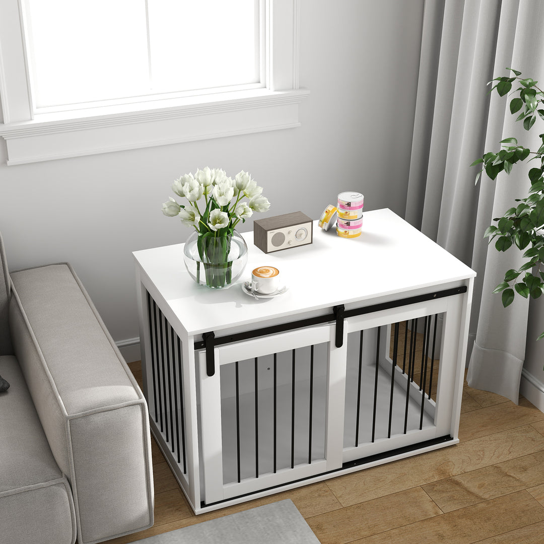 Hundebur med skydedør, ventilation, spånplade og stål, 98 x 58 x 61 cm, valnød