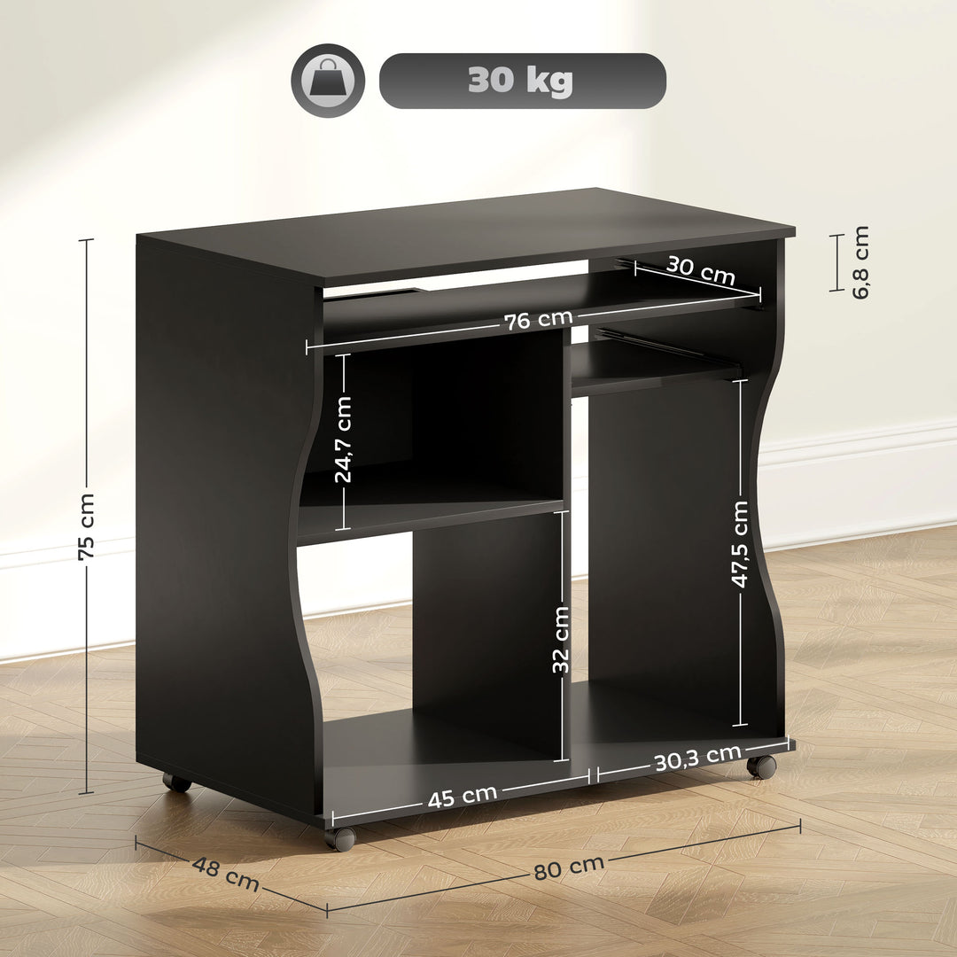 Computerbord med hjul, skrivebord med opbevaring, 80 x 48 x 75 cm, sort