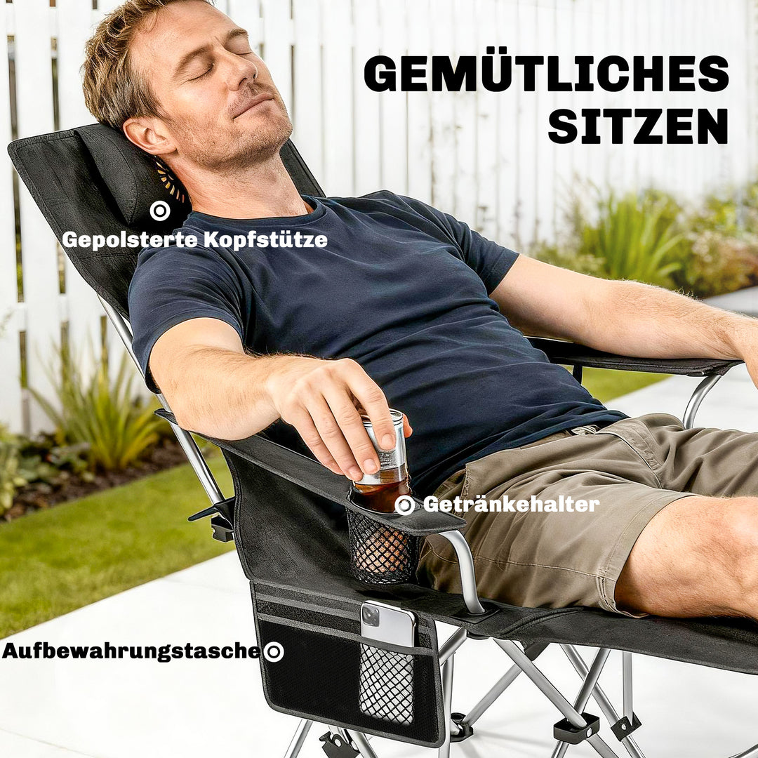 Sæt med 2 foldbare campingstole/fiskestole med aftagelig fodstøtte og kopholder, lasteevne 120 kg, sort