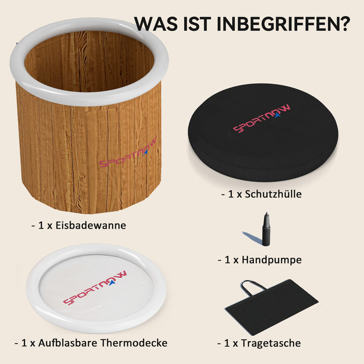 Isbad, 300 liters oppusteligt isbad til muskelafslapning med låg, bæretaske, luftpumpe, brun