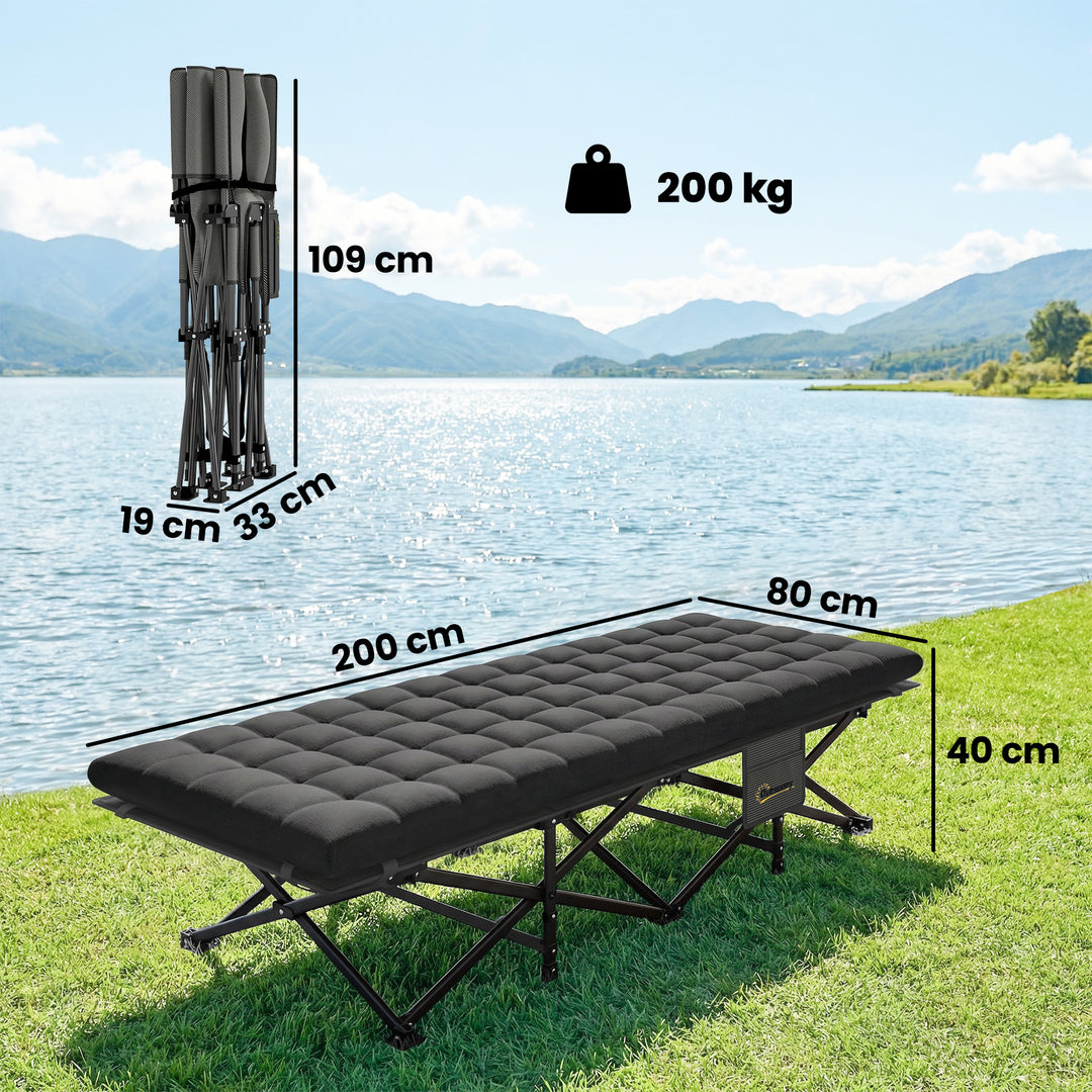 Sammenklappelig campingseng med bæretaske, campingliggestol op til 200 kg, indendørs/udendørs brug, 200 x 80 x 40 cm, sort