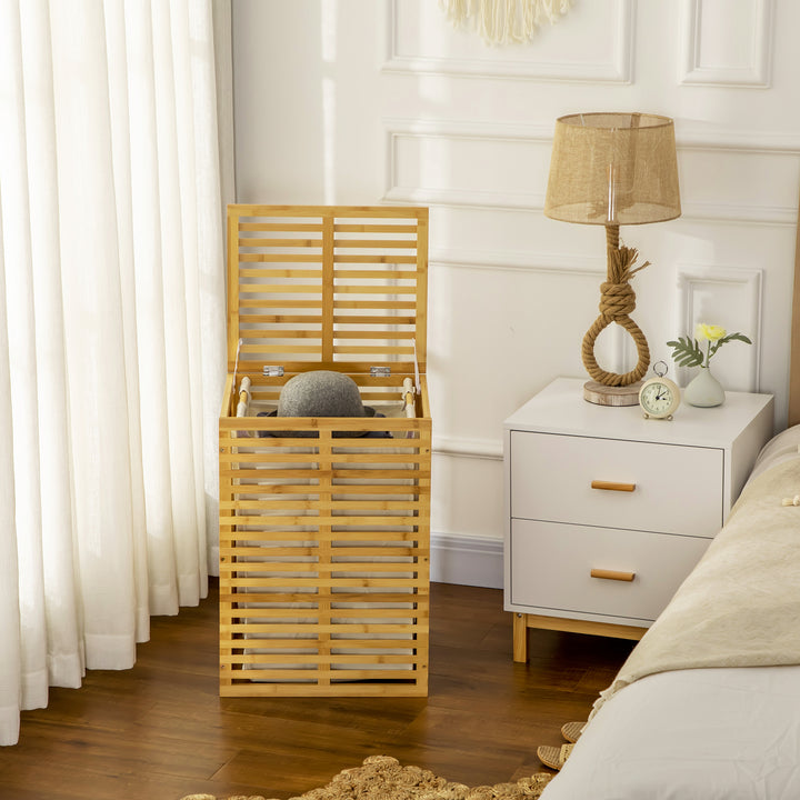 Bambus vasketøjskurv med 63 l vasketøjsopsamler med låg vasketøjspose, stang 44 x 37 x 62,5 cm naturtræ