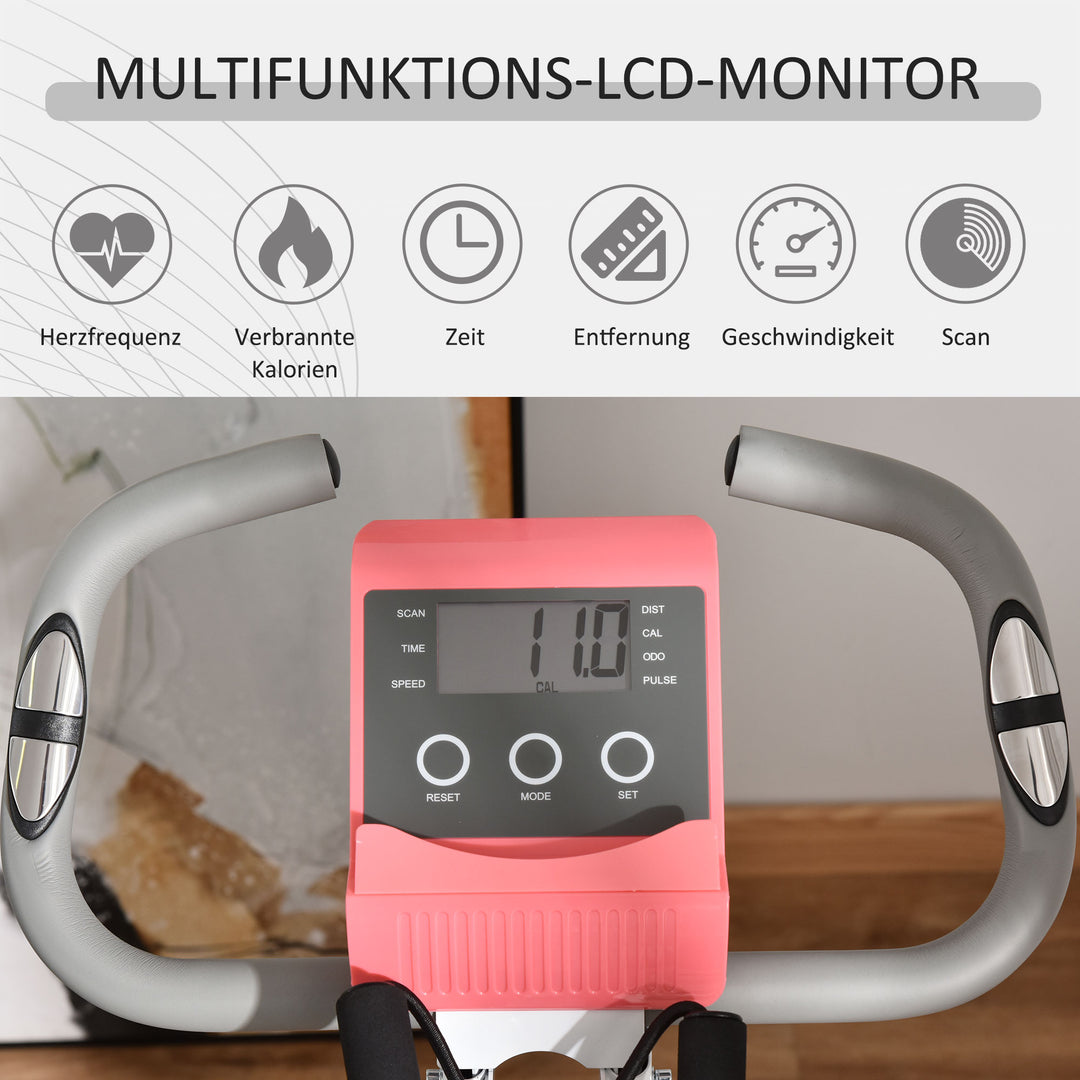 2-i-1 motionscykel med LCD-display, justerbar pulsmåler, sæde og hjul; foldbar motionscykel med 8 niveauer af magnetisk modstand, spændekabel og stålstel.