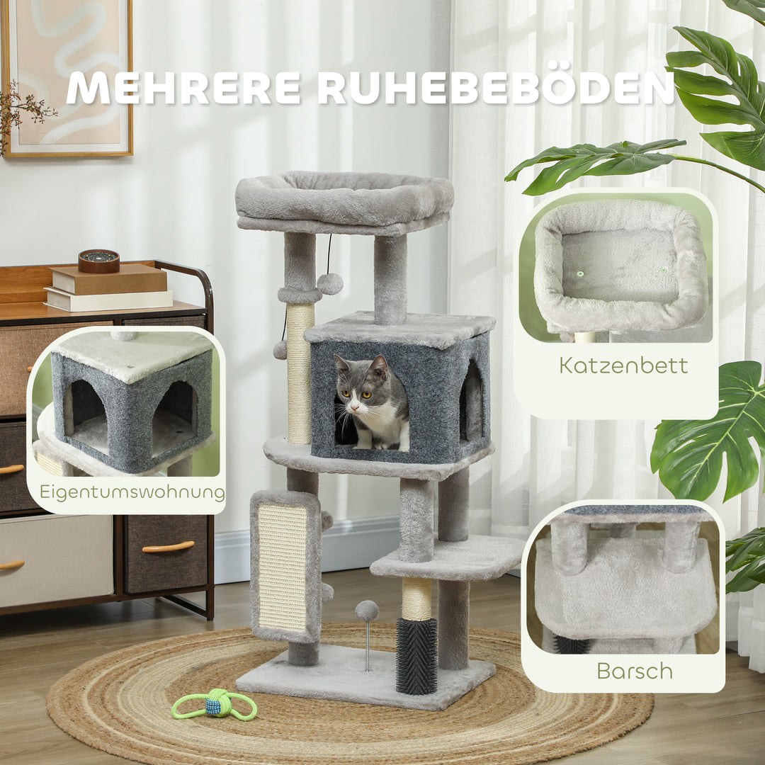 Kradsetræ 104 cm med kattehule, seng, sisal kradsetræer, kradsebræt, plysbolde til katte op til 5 kg, lysegrå