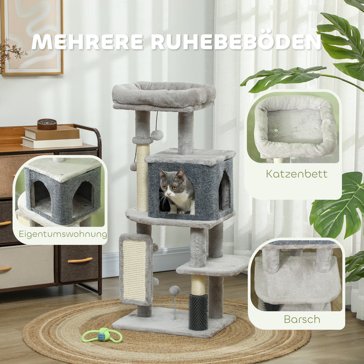 Kradsetræ 104 cm med kattehule, seng, sisal kradsetræer, kradsebræt, plysbolde til katte op til 5 kg, lysegrå