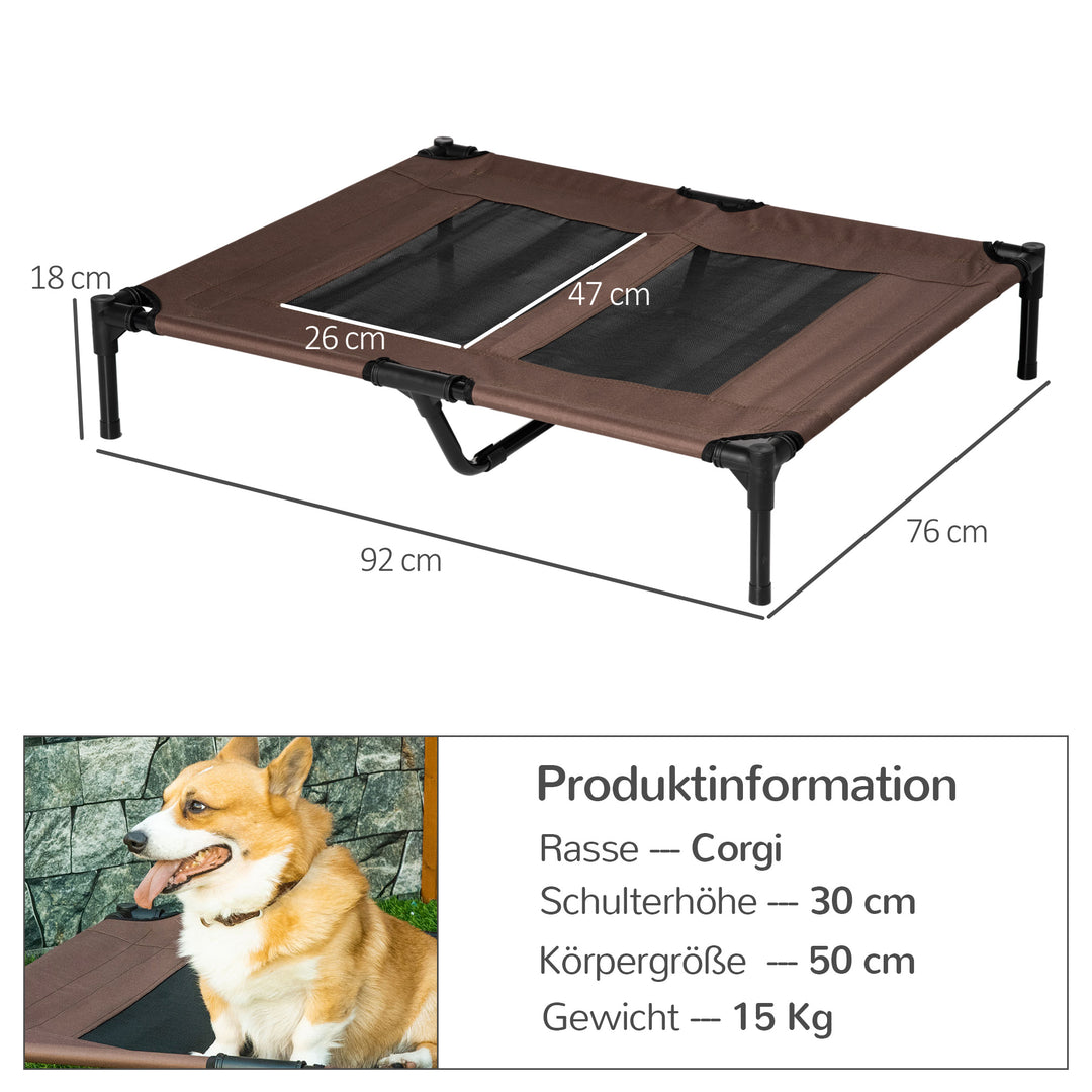 Udendørs hundeseng, kølende kæledyrsseng til store hunde, hævet hundeseng med robust metalramme, åndbart net til udendørs have, 92 x 76 x 18 cm, kaffebrun