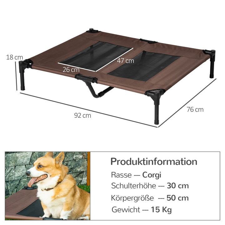 Udendørs hundeseng, kølende kæledyrsseng til store hunde, hævet hundeseng med robust metalramme, åndbart net til udendørs have, 92 x 76 x 18 cm, kaffebrun