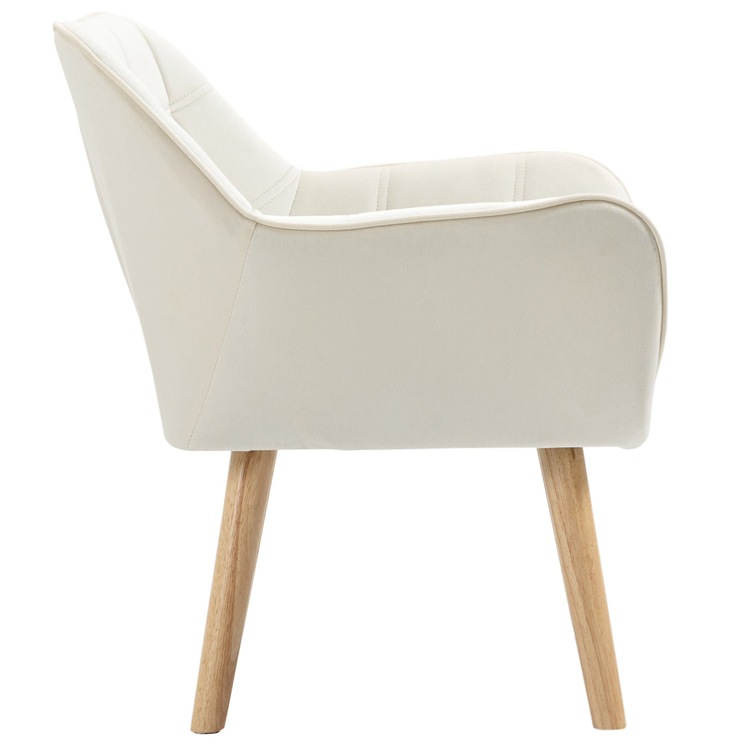 Polstret lænestol, accentstol, skandinavisk design, fløjlslook, op til 120 kg, ben af gummitræ, creme