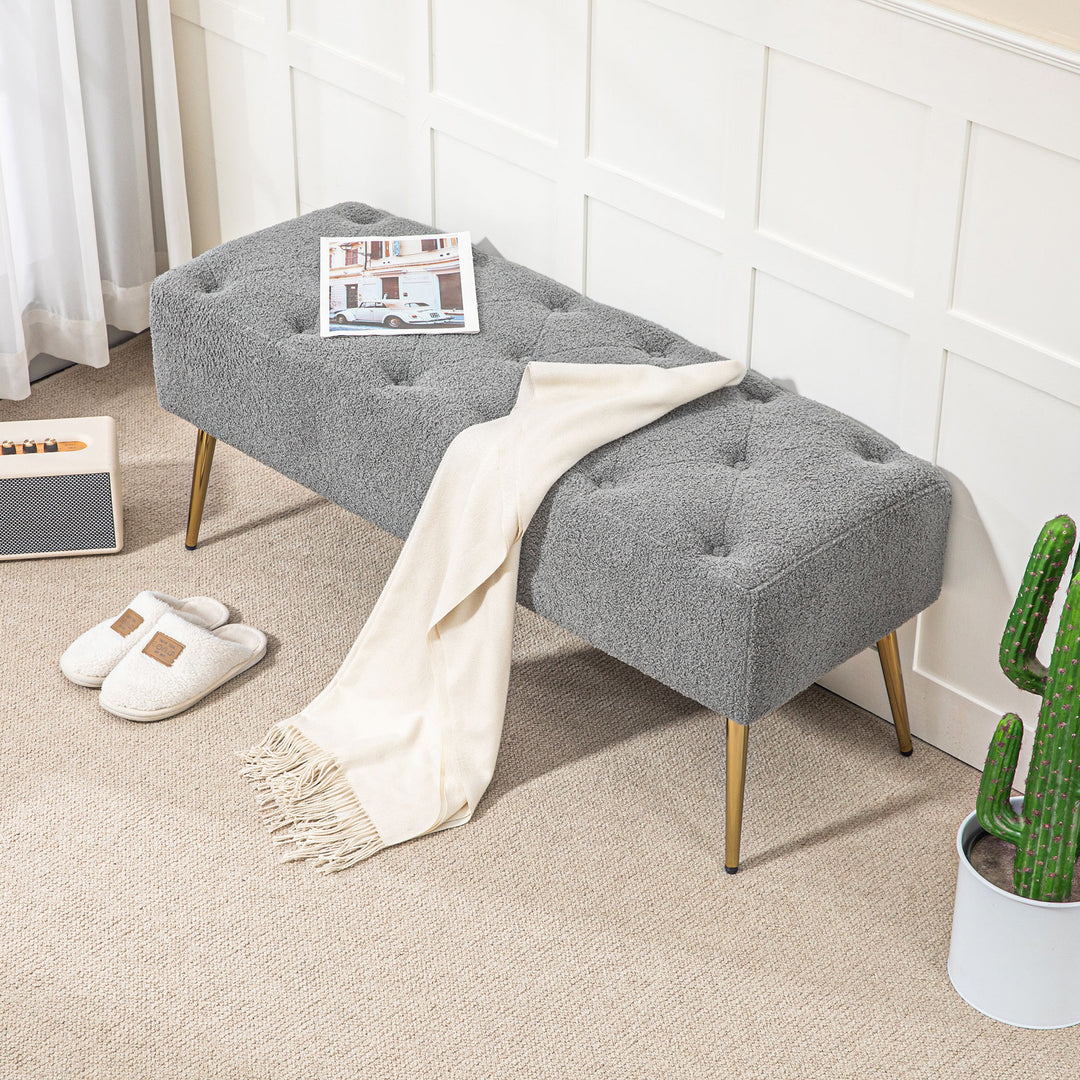 Sengebænk, siddebænk, blødt lammeuldsbetræk, op til 120 kg, forgyldte stålben, 112 x 41 x 46 cm, grå