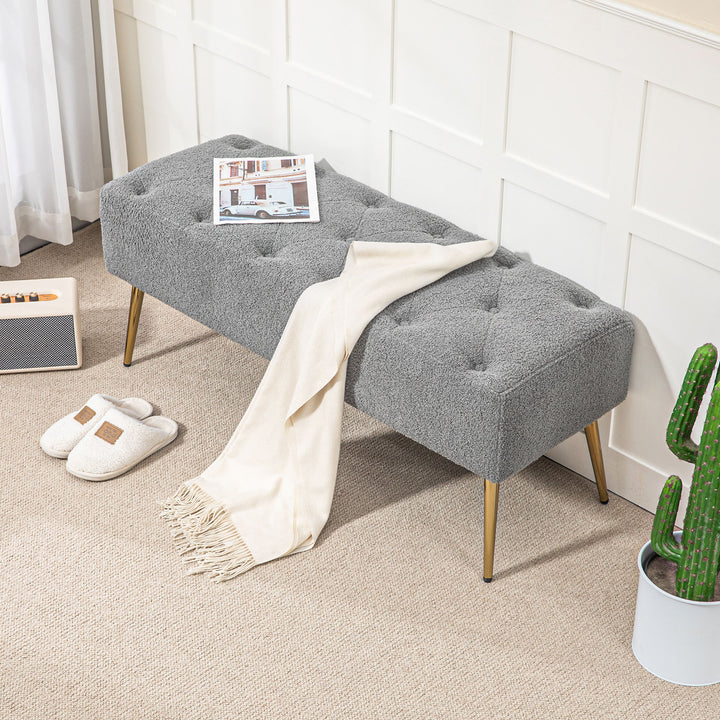 Sengebænk, siddebænk, blødt lammeuldsbetræk, op til 120 kg, forgyldte stålben, 112 x 41 x 46 cm, grå