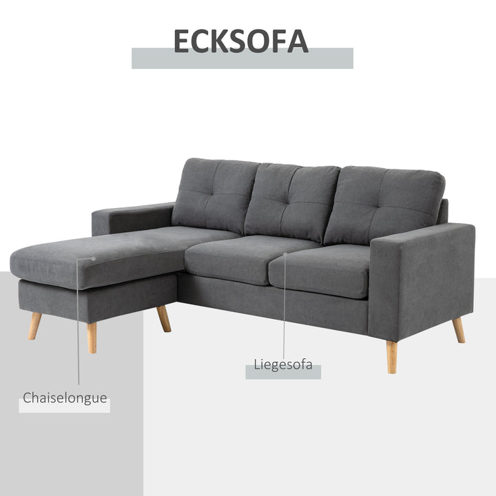 Hjørnesofa i skandinavisk design, med knapsyninger, massivt træ, linnedlook, grå