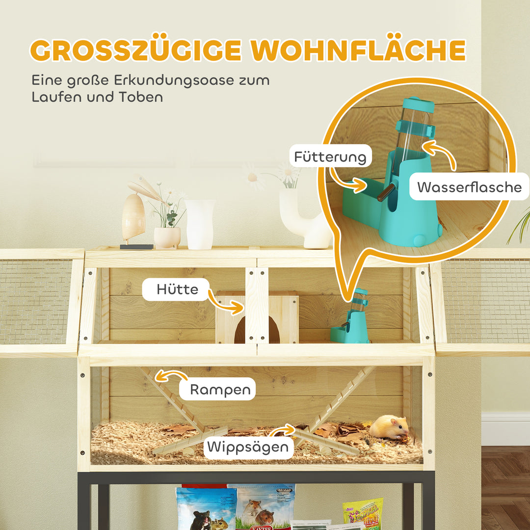 Træbur til dværghamstere med opbevaringsrum, hjul, ramper, vandflaske, hytte, vippe, 87 x 43 x 101 cm