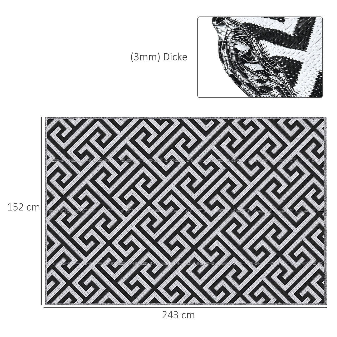 Udendørstæppe, vendbart, slidstærkt, anti-floss kant, sort og hvid, 152 x 243 cm