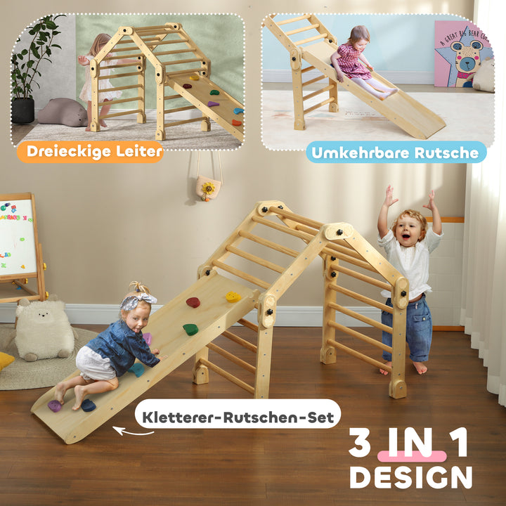 3-i-1 foldbart klatrestativ med stige og rutsjebane/klatrevæg, lavet af træ, til børn i alderen 1,5-4 år