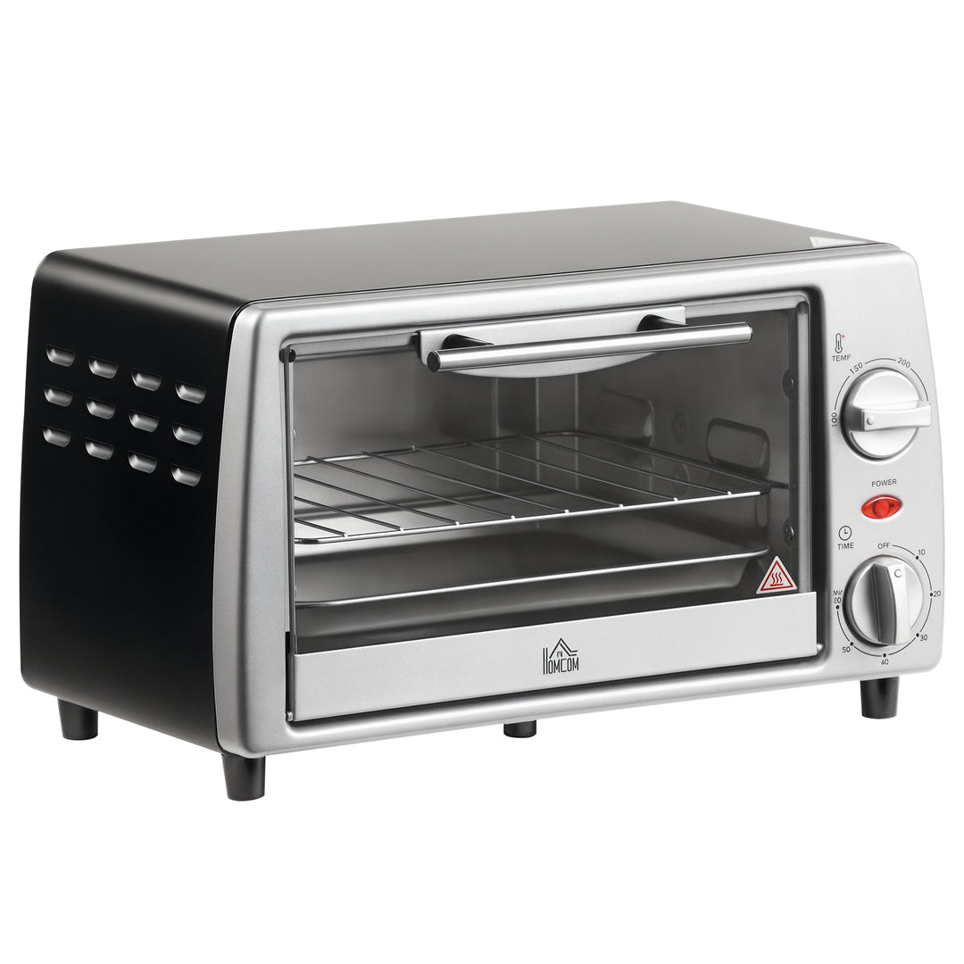 Miniovn 10 L 750W 100-230℃ 60 min timer med bageplade, grillrist og aftagelig bundplade, pizzaovn sølv