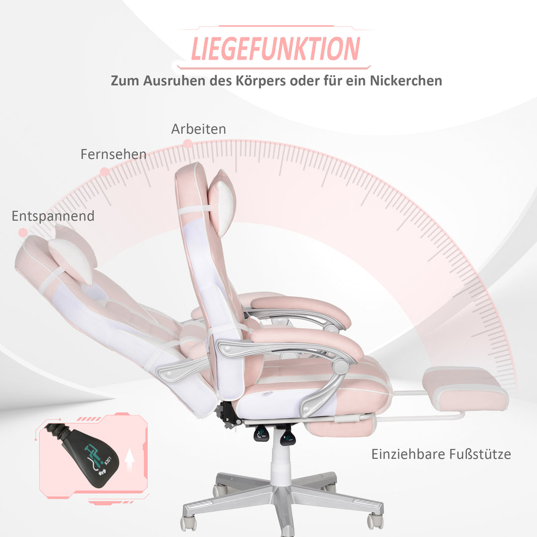 Gamingstol med fodstøtte, hoved- og lændehynde, drejelig, højdejusterbar, lyserød