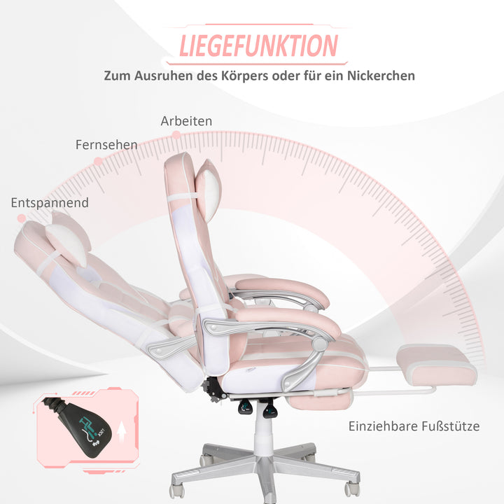 Gamingstol med fodstøtte, hoved- og lændehynde, drejelig, højdejusterbar, lyserød