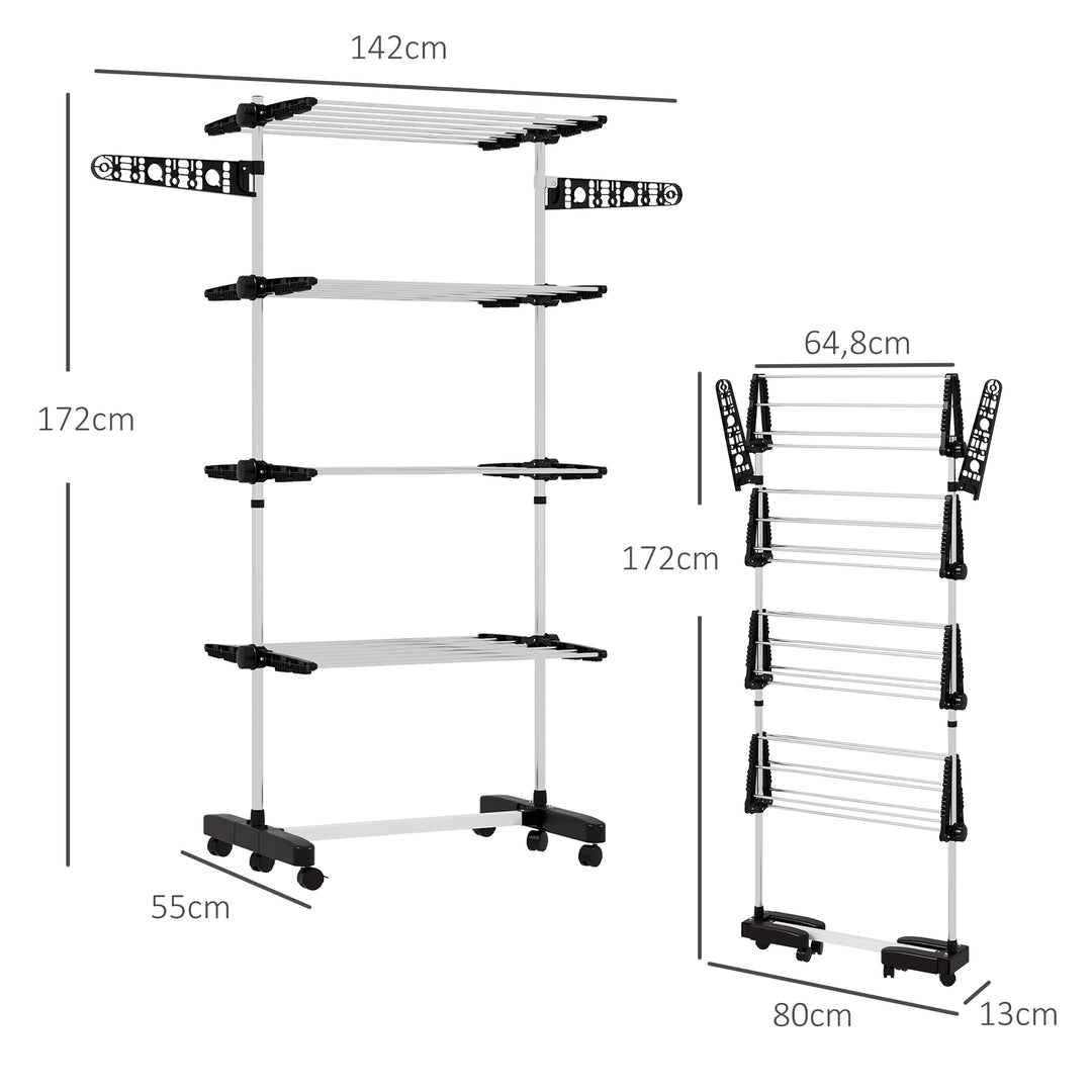 Tørrestativ med 5 niveauer, foldbar, et-klik-system, 142 cm x 55 cm x 1,72 cm, sort + sølv