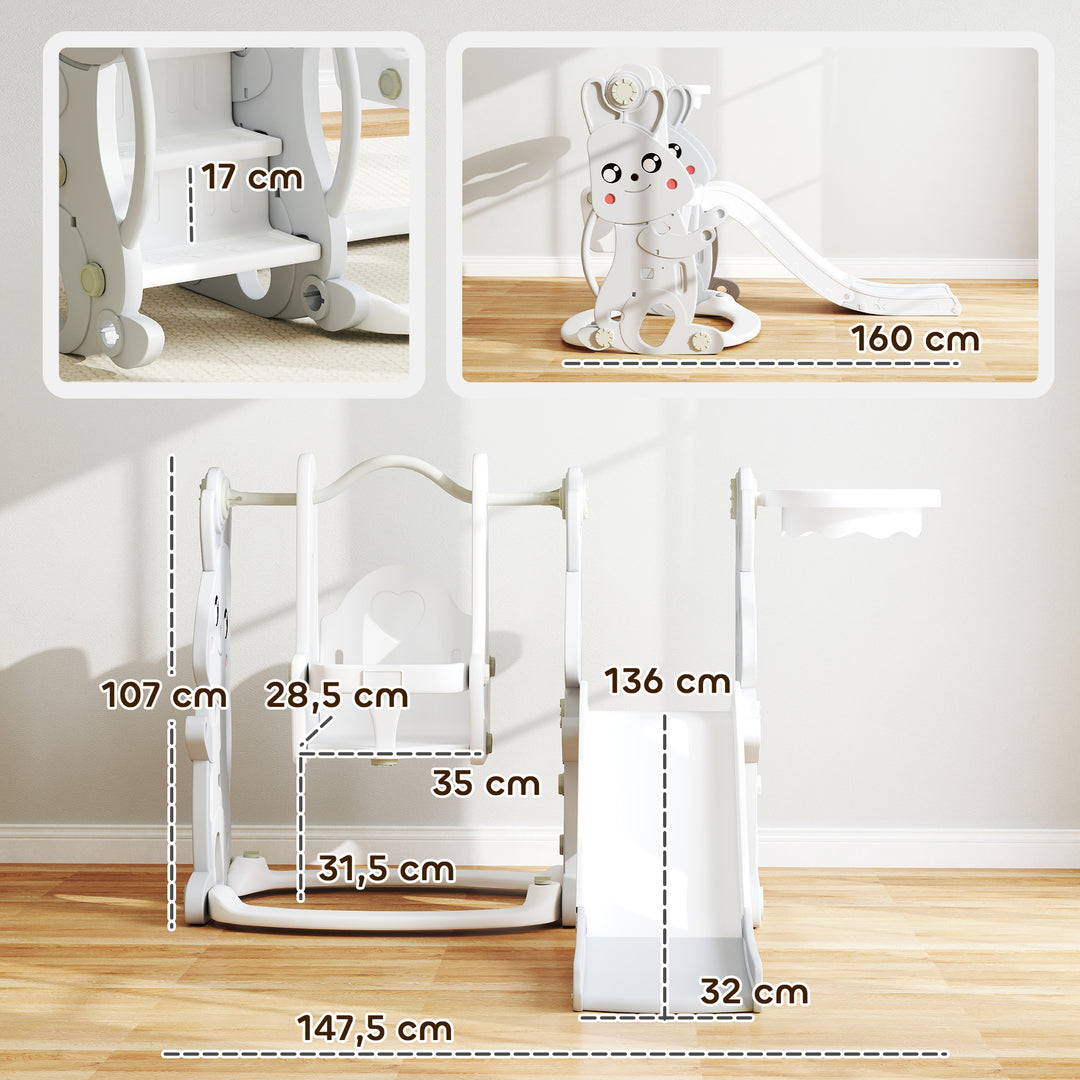 4-I-1 legesæt til småbørn med rutsjebane, gynge, klatrestativ, basketballkurv, plastik, kanindesign, grå