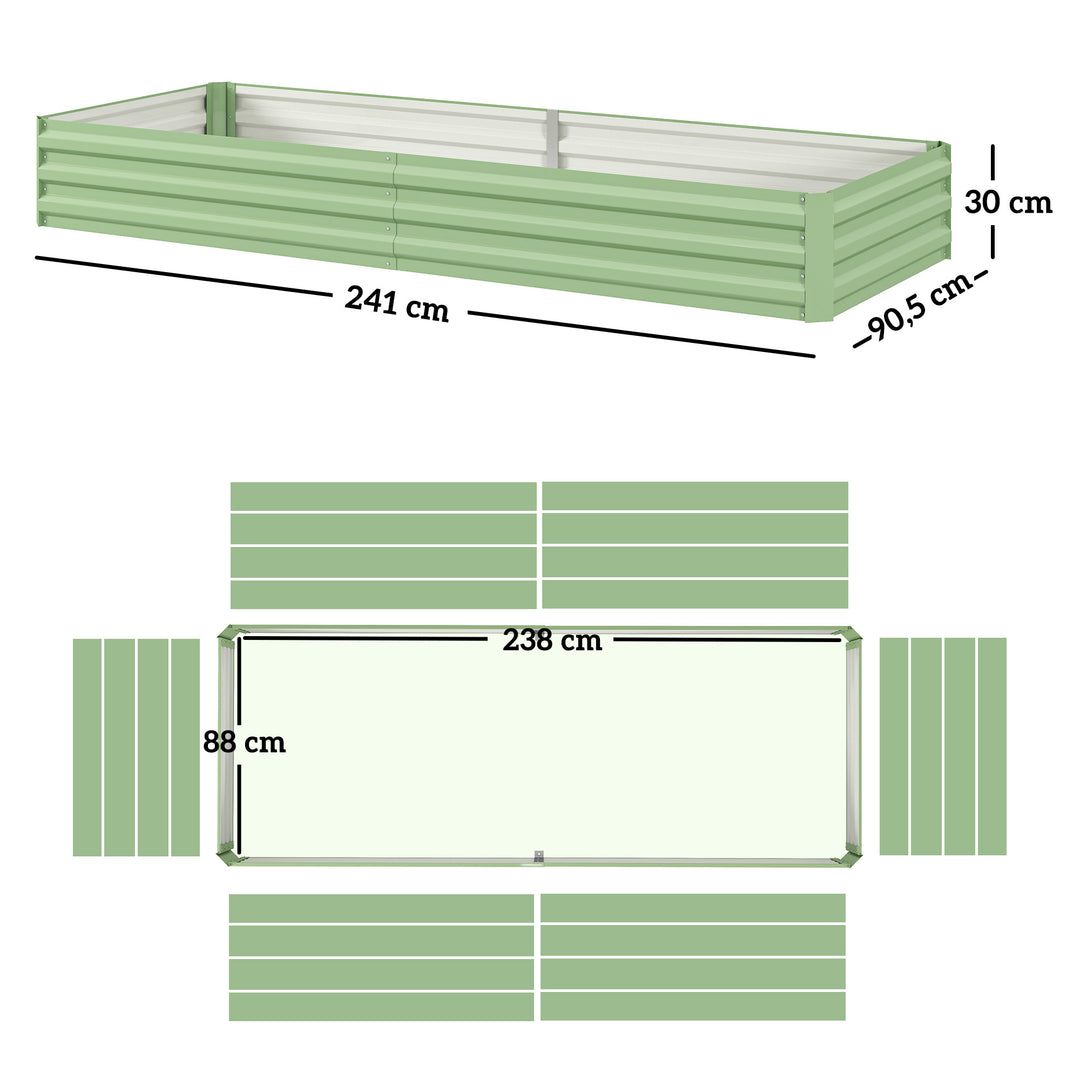 Højbed i stål, åben bund, nem montering, 241l x 90,5b x 30h cm, grøn