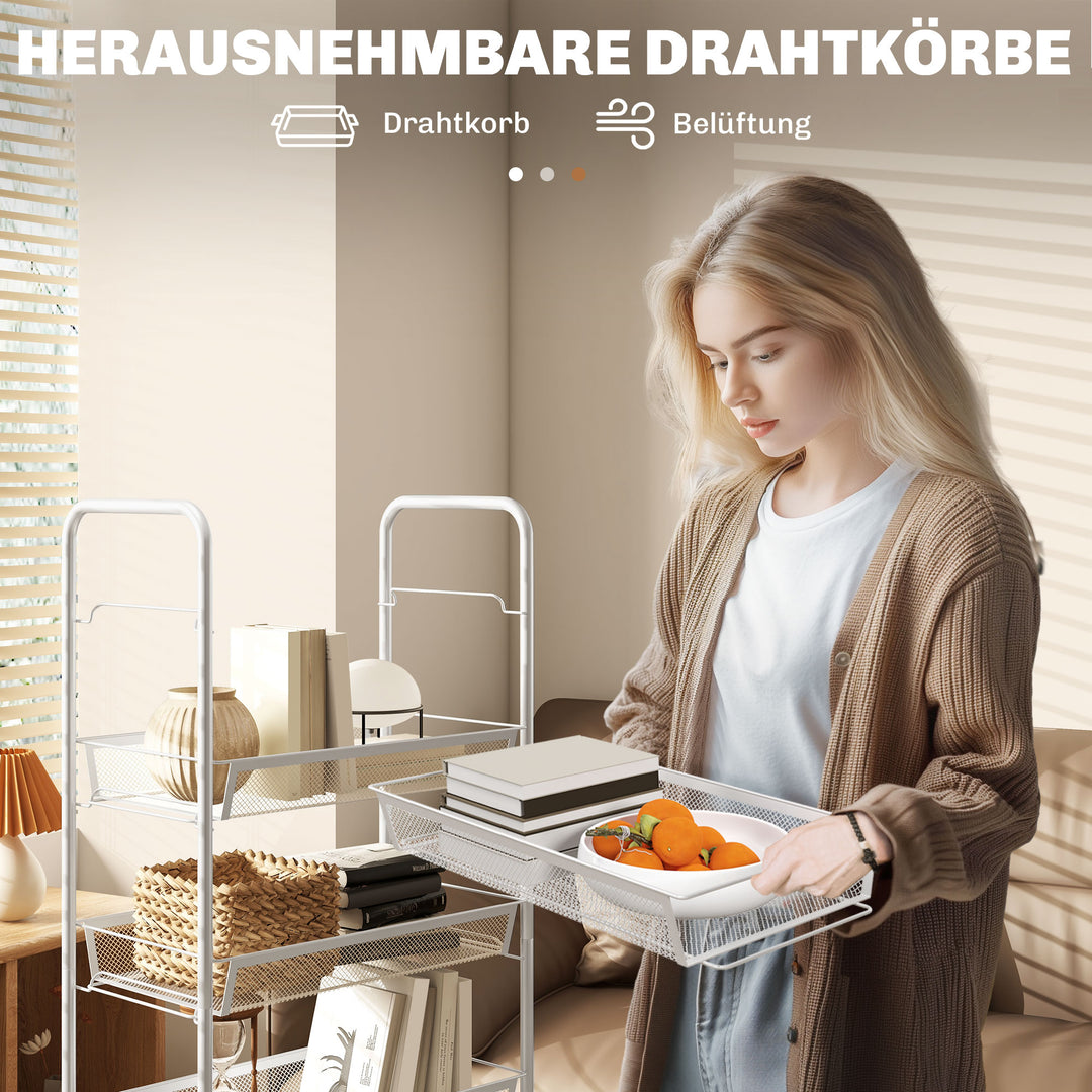 Køkkenvogn med 5 trådkurve, 4 kroge, 4 hjul, 2 håndtag, stål/plast, 45x26,5x106 cm, hvid